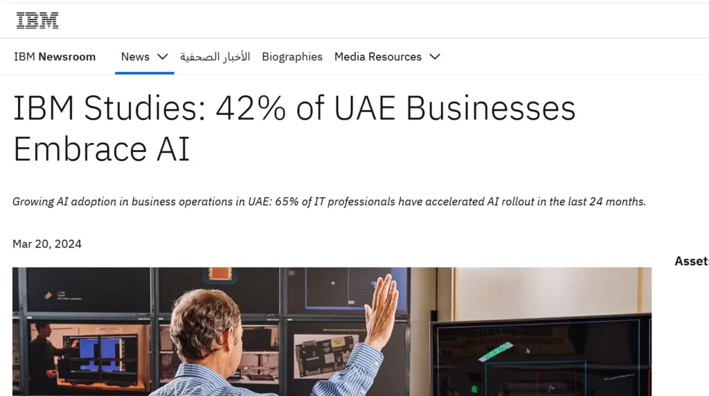 IBM Global AI Adoption Index 2023 highlights increasing AI adoption among UAE businesses, with 42% of companies already deploying AI in operations.