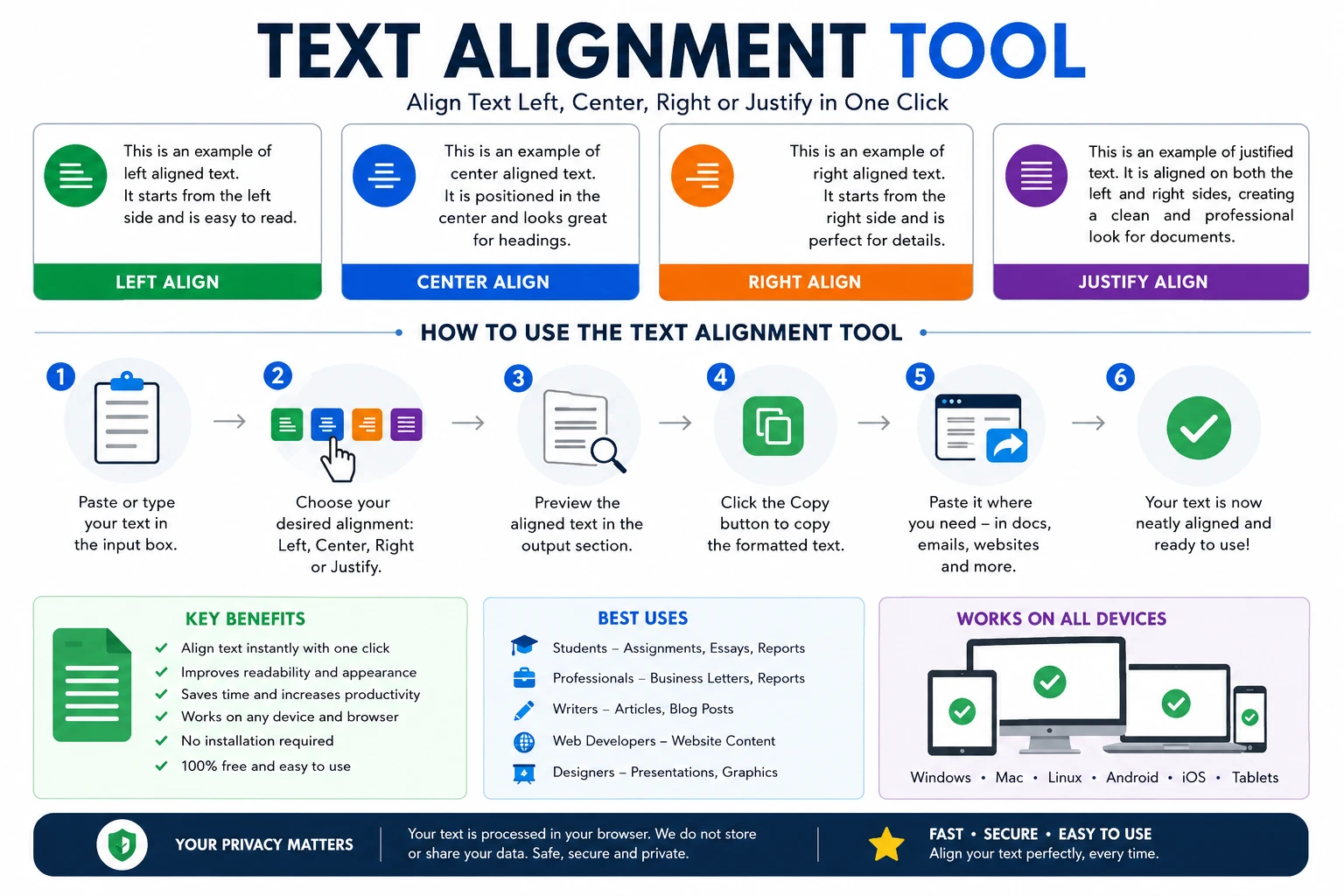 Online Text Alignment Tool for left, center, right, and justified text formatting