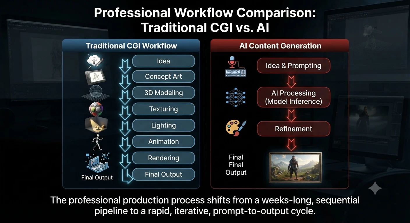 Traditional CGI vs. AI Content Creation: Workflow Analysis